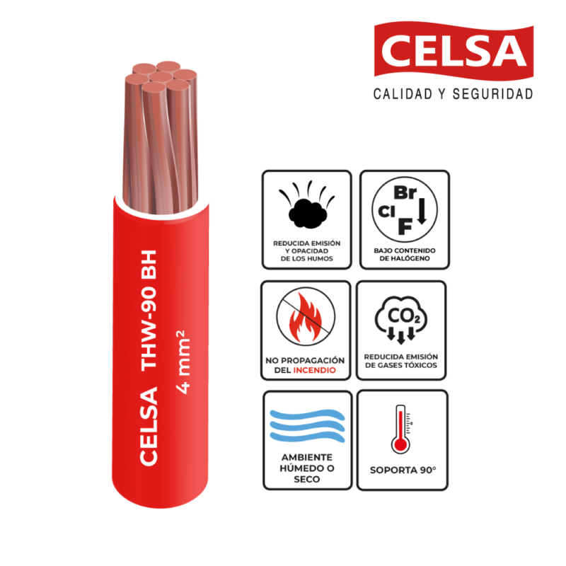 CABLE THW-90 • 4MM2 • 100MTS • ROJO • CELSA