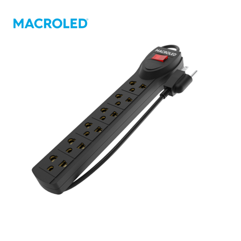 SUPRESOR MULTIPLE 6 TOMAS, NEGRO, 1.5MTS DE CABLE 3X0.75MM, 250V, 10A, 2200W MAX, PROTECTOR TERMICO