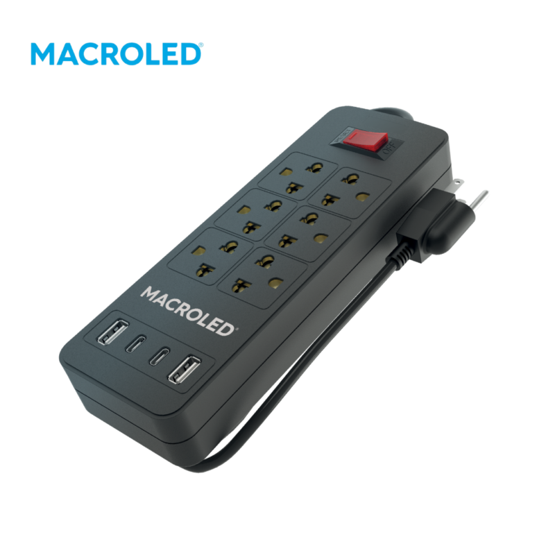 SUPRESOR MULTIPLE 6 TOMAS NEGRO, +2 USB +2 USB C, 1.5MTS DE CABLE 3X0.75MM, 250V, 10A, 2200W MAX, USB 5V 3.1A, PROTECTOR TERMICO