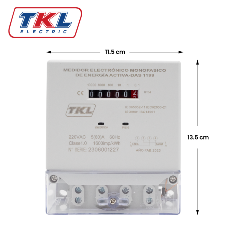 MEDIDOR ELECTRONICO MONOFÁSICO DE ENERGÍA 220V 60A CLASE 1 DAS1199 GRIS TKL - Imagen 3