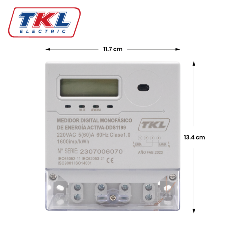 MEDIDOR DIGITAL MONOFÁSICO • ENERGÍA 220V 60A • CLASE 1 • DDS1199 • GRIS • TKL ELECTRIC - Imagen 4