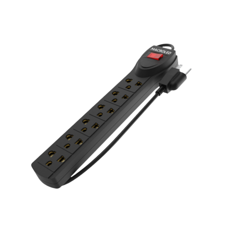 SUPRESOR MULTIPLE 6 TOMAS, NEGRO, 1.5MTS DE CABLE 3X0.75MM, 250V, 10A, 2200W MAX, PROTECTOR TERMICO | MACROLED